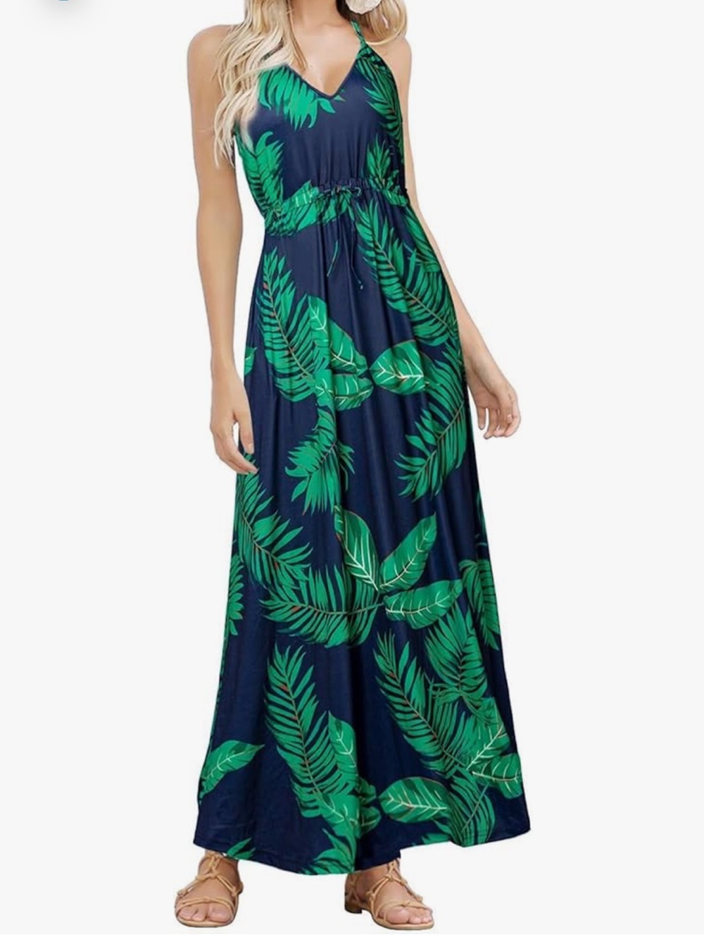 Navy Maxi Dress with Green Tropical Leaf Print, size XL